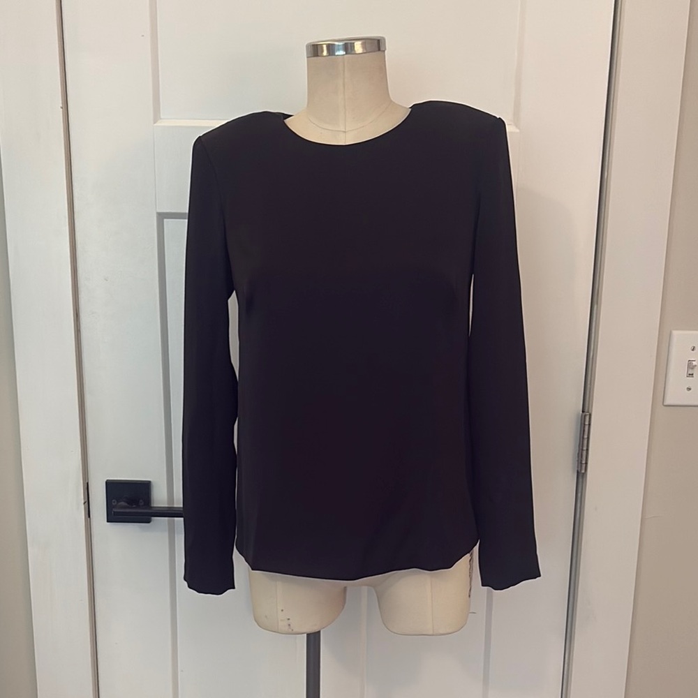 Jay Godfrey Long Sleeve Silky Black Blouse with Shoulder Pads